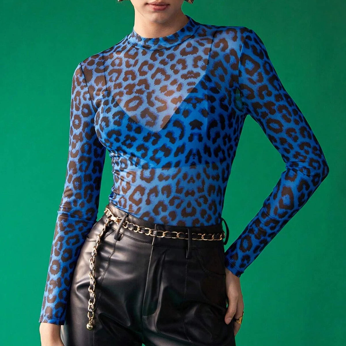 Trendy Blue Leopard Top for Everyday Elegance | See-through Tops