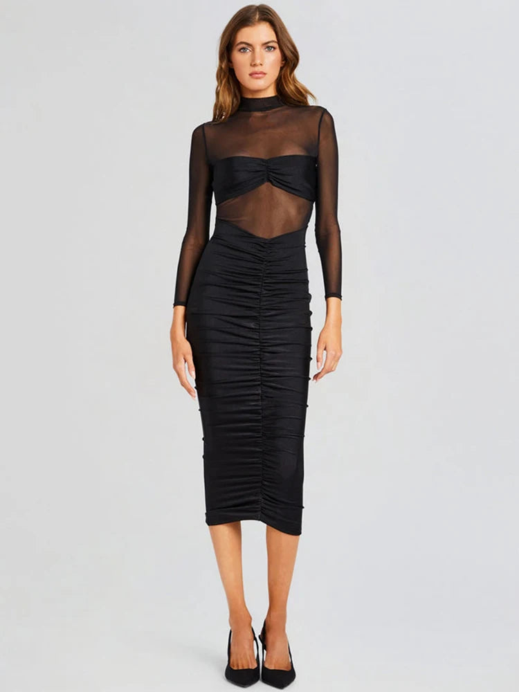 Mesh-Top Ruched Midi Dress for Evenings