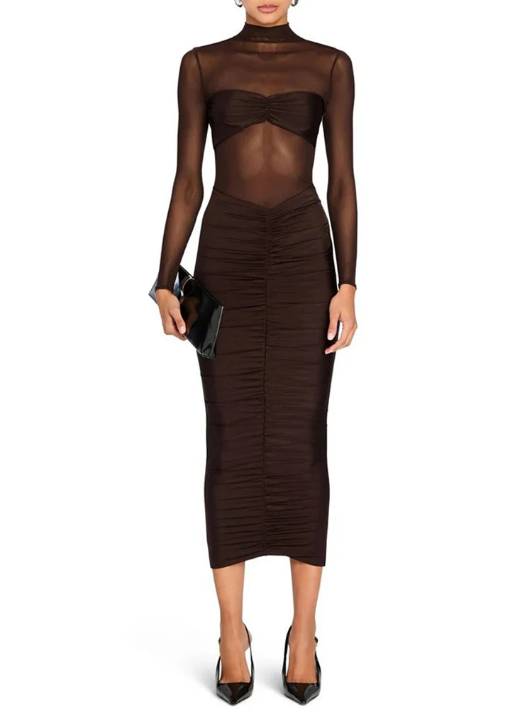 Mesh-Top Ruched Midi Dress for Evenings | Bodycon dresses