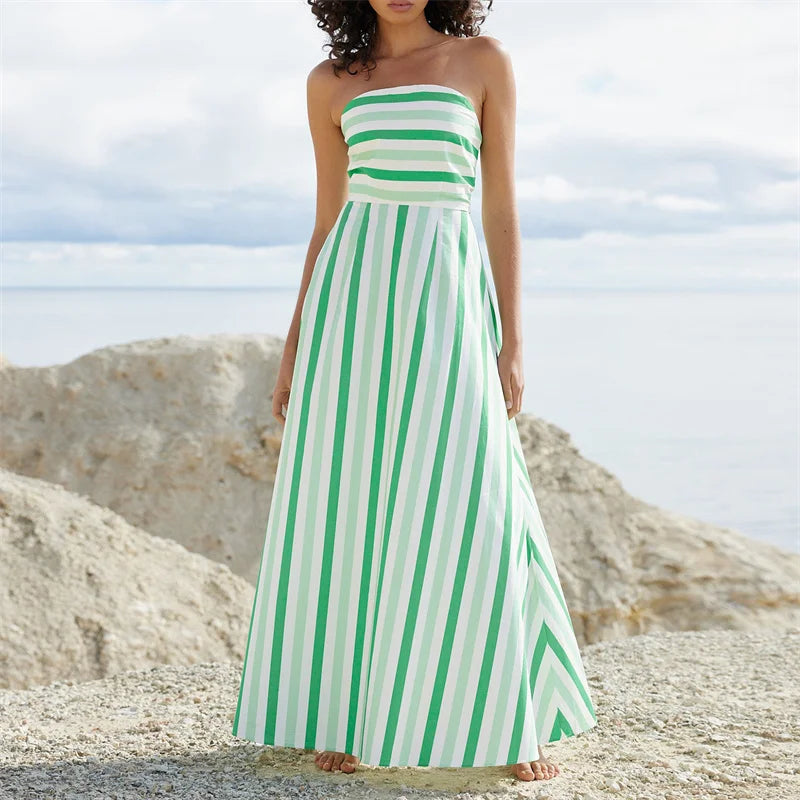 Summer Elegance Green & White Stripe Strapless Dress