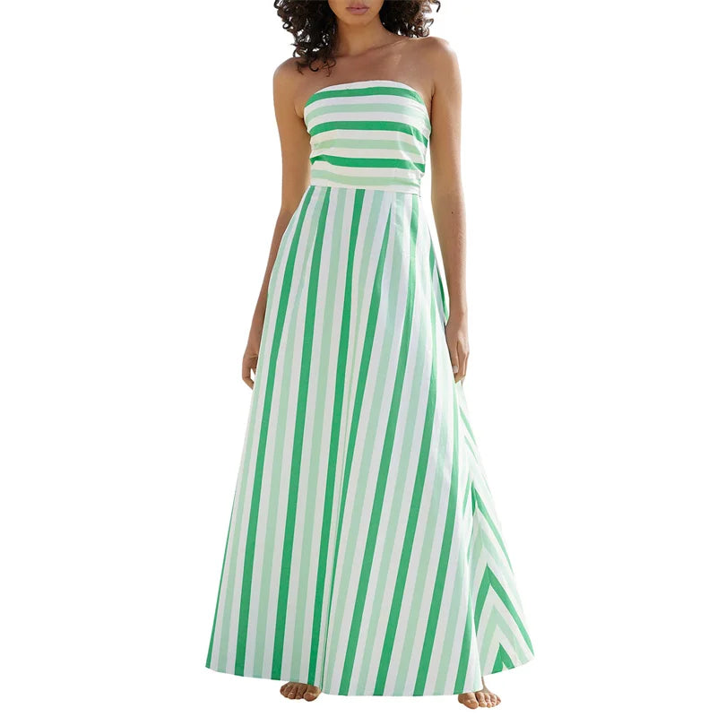 Summer Elegance Green & White Stripe Strapless Dress | Strapless Dresses