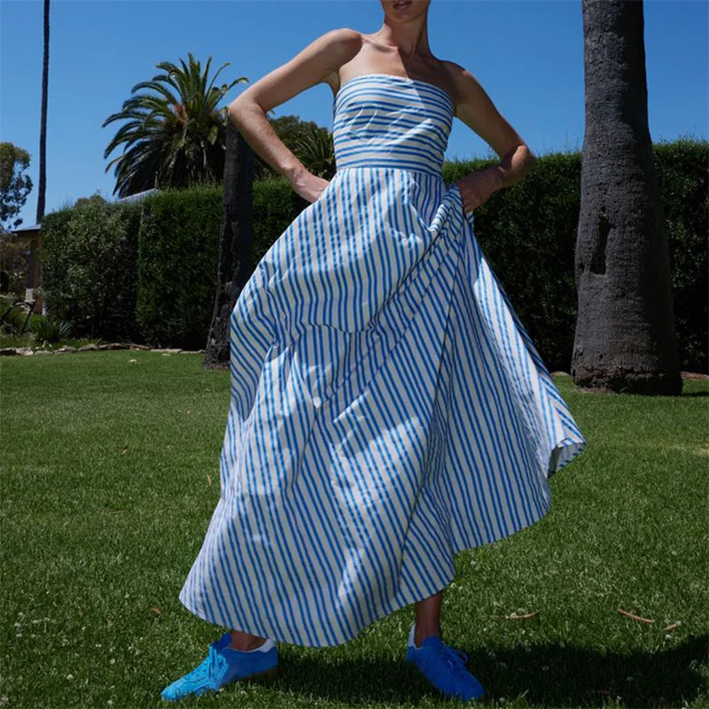 Summer Elegance Green & White Stripe Strapless Dress | Strapless Dresses