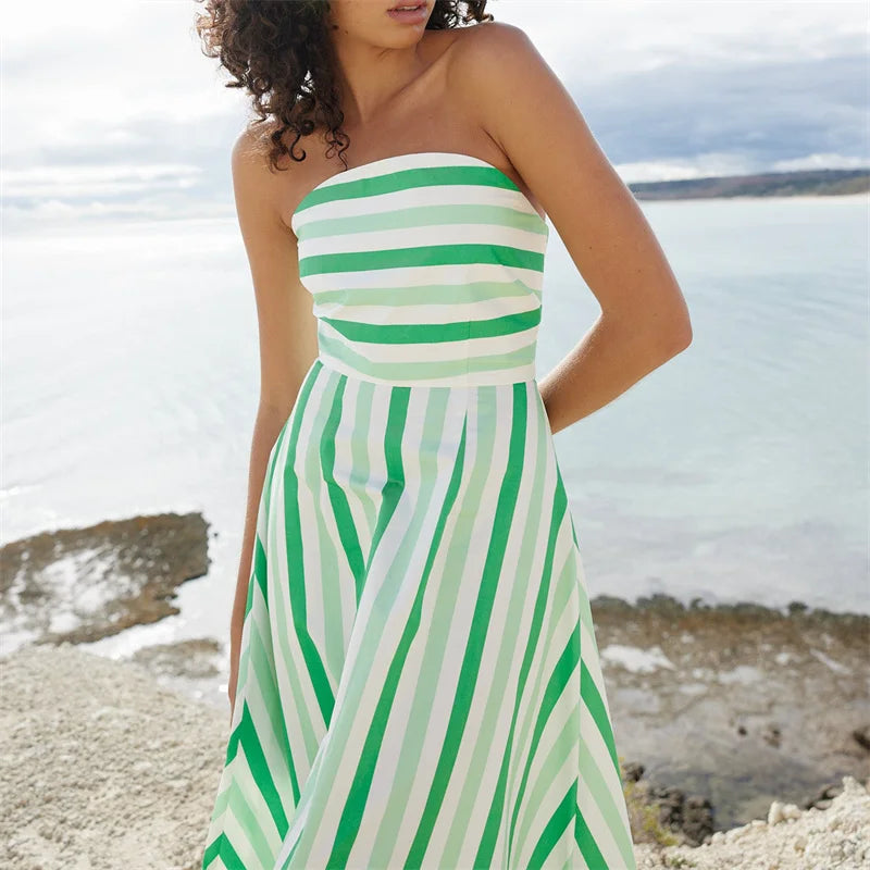 Summer Elegance Green & White Stripe Strapless Dress | Strapless Dresses