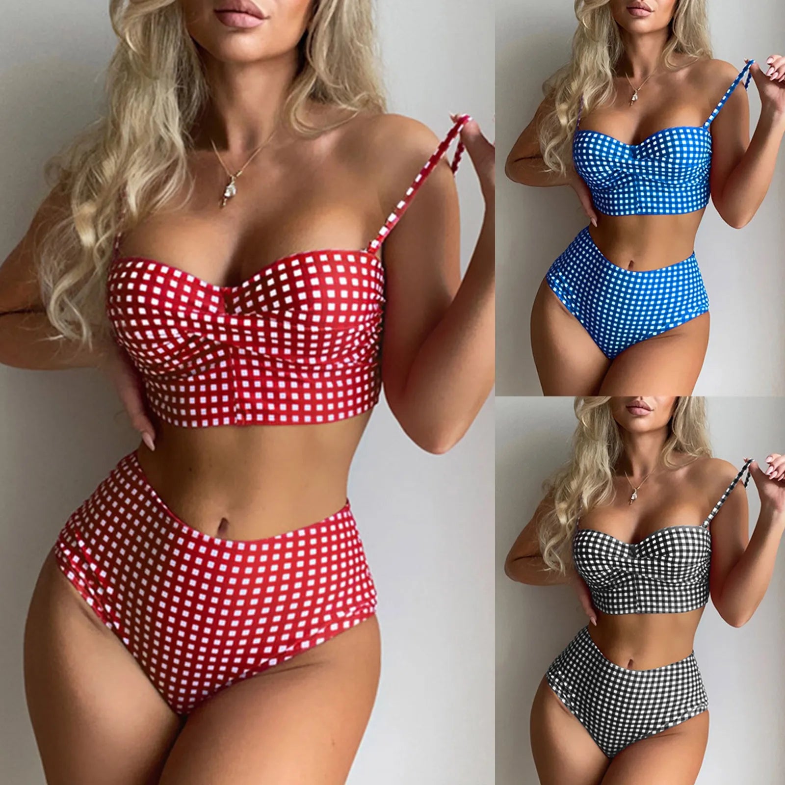 Blue Gingham High-Waist Swimwear for Tropical Getaways | Swimwear