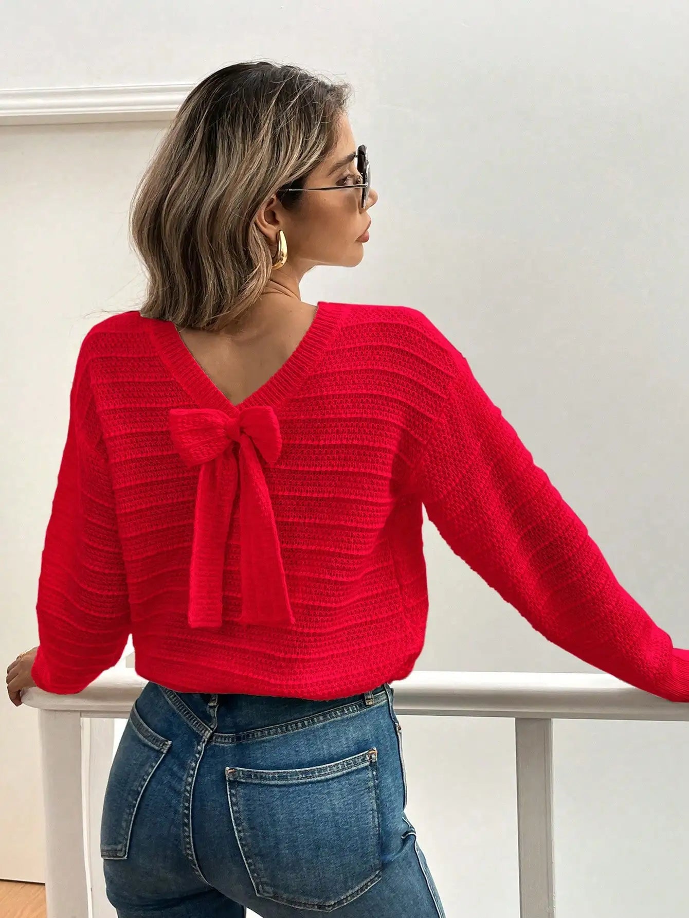 Women's Red Bow Back Knitted Sweater – Casual Wear