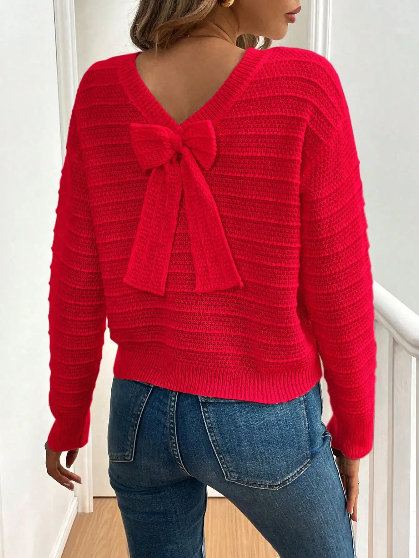 Women's Red Bow Back Knitted Sweater – Casual Wear | Sweaters