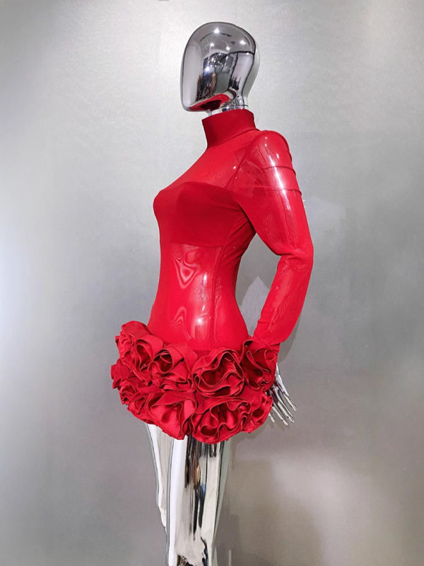 Exclusive Red Party Dress with Unique Rose Skirt | Party Dresses