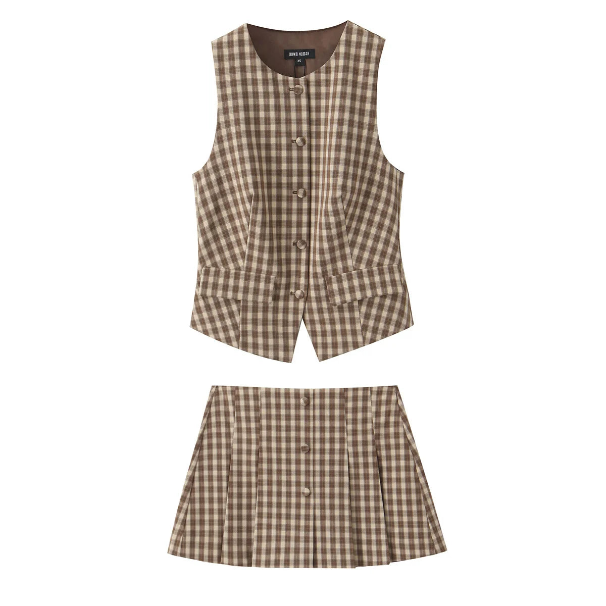 Plaid Tan Vest & Skirt Set for Casual Day Outfits | Skirts set