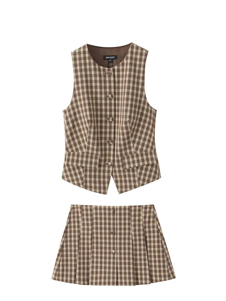 Plaid Tan Vest & Skirt Set for Casual Day Outfits | Skirts set