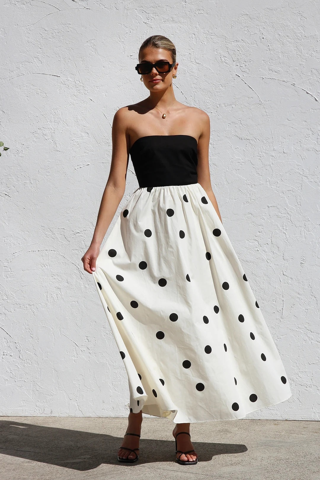 Black and White Polka Dot Strapless Dress for Women