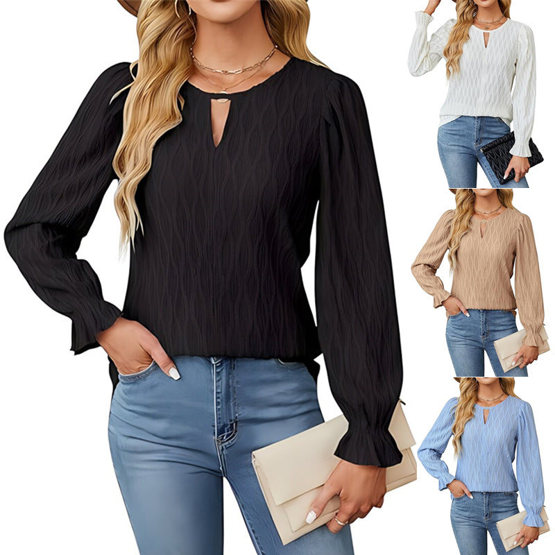 Trendy Textured Top with Crew Neck Blouse | Blouses