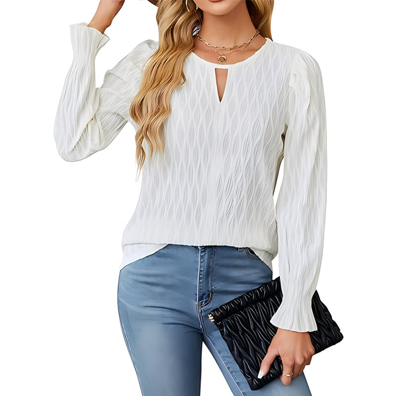 Trendy Textured Top with Crew Neck Blouse | Blouses