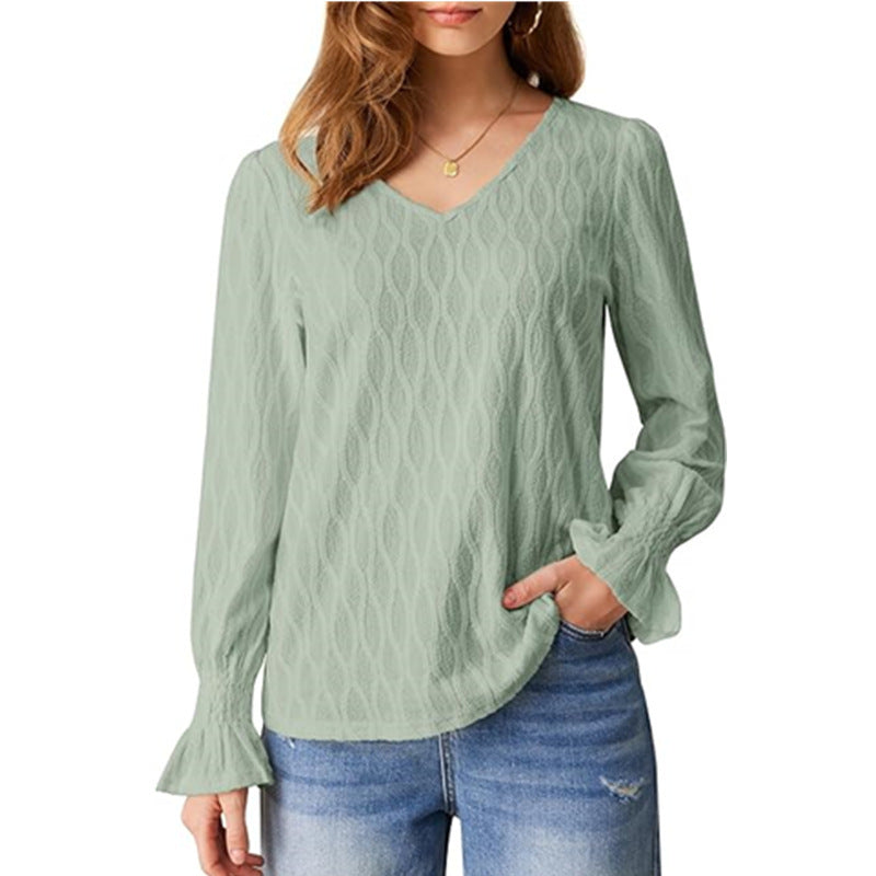 Women's Textured V-Neck Top with Lantern Sleeves | Blouses