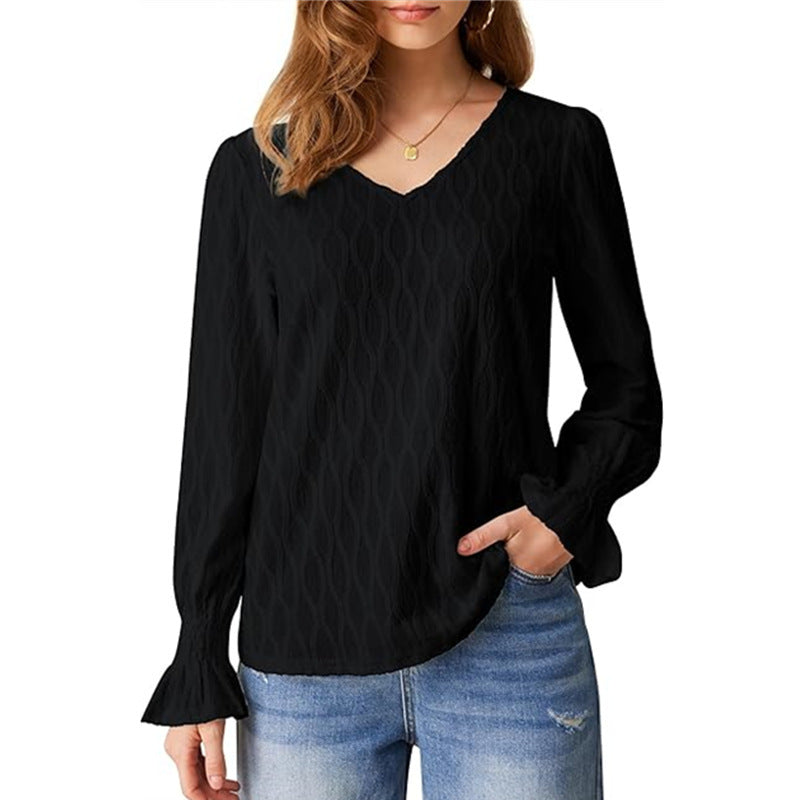 Women's Textured V-Neck Top with Lantern Sleeves | Blouses