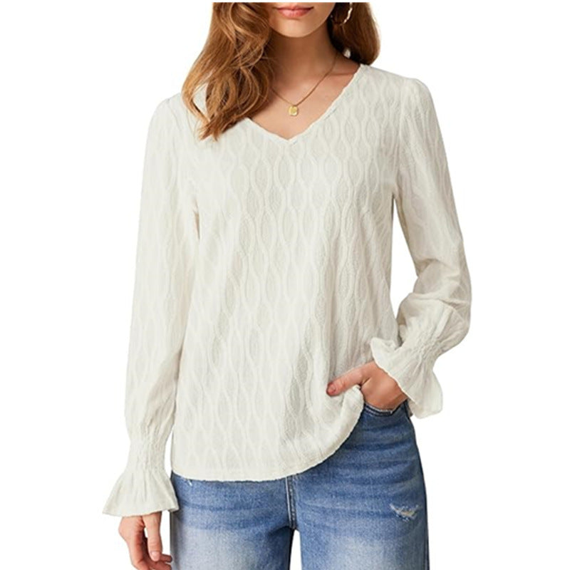 Women's Textured V-Neck Top with Lantern Sleeves | Blouses