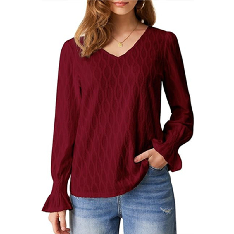 Women's Textured V-Neck Top with Lantern Sleeves | Blouses