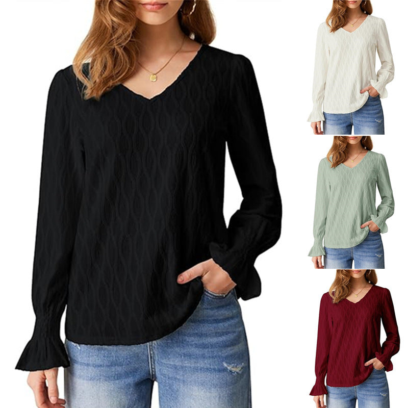 Women's Textured V-Neck Top with Lantern Sleeves | Blouses