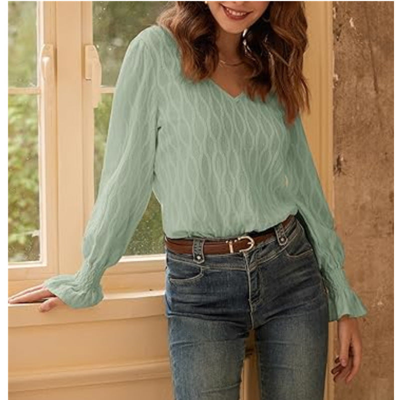 Women's Textured V-Neck Top with Lantern Sleeves | Blouses