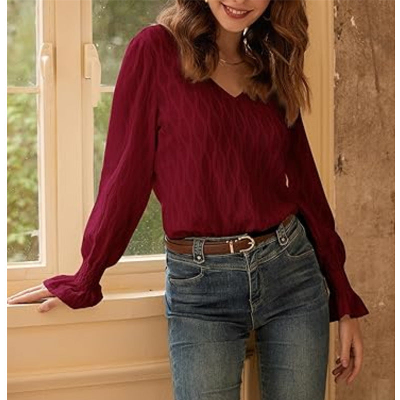 Women's Textured V-Neck Top with Lantern Sleeves | Blouses