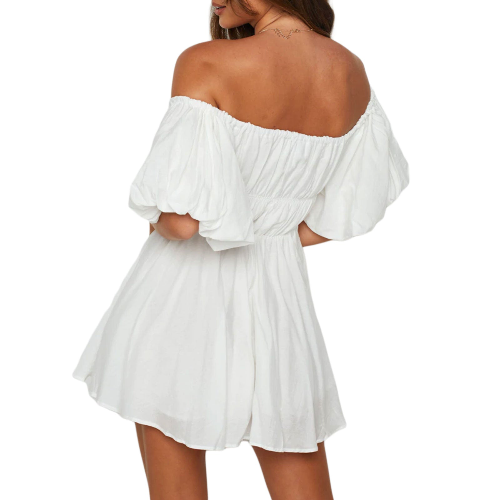 Gathered Waist Off-Shoulder Puff Sleeve Mini Dress | Casual Dresses