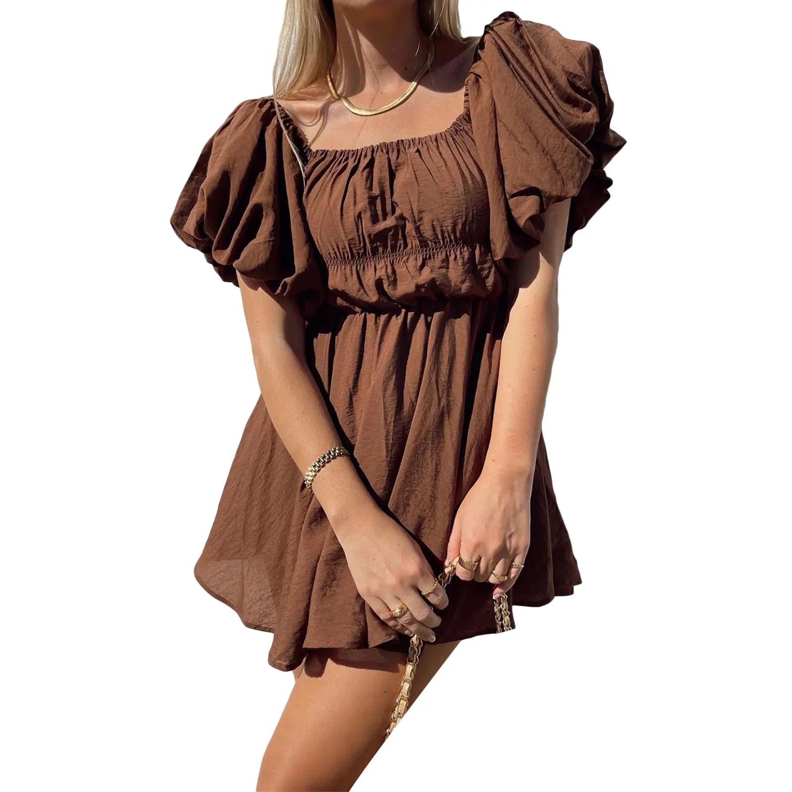 Gathered Waist Off-Shoulder Puff Sleeve Mini Dress | Casual Dresses