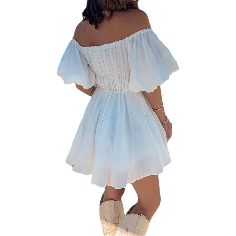 Gathered Waist Off-Shoulder Puff Sleeve Mini Dress | Casual Dresses