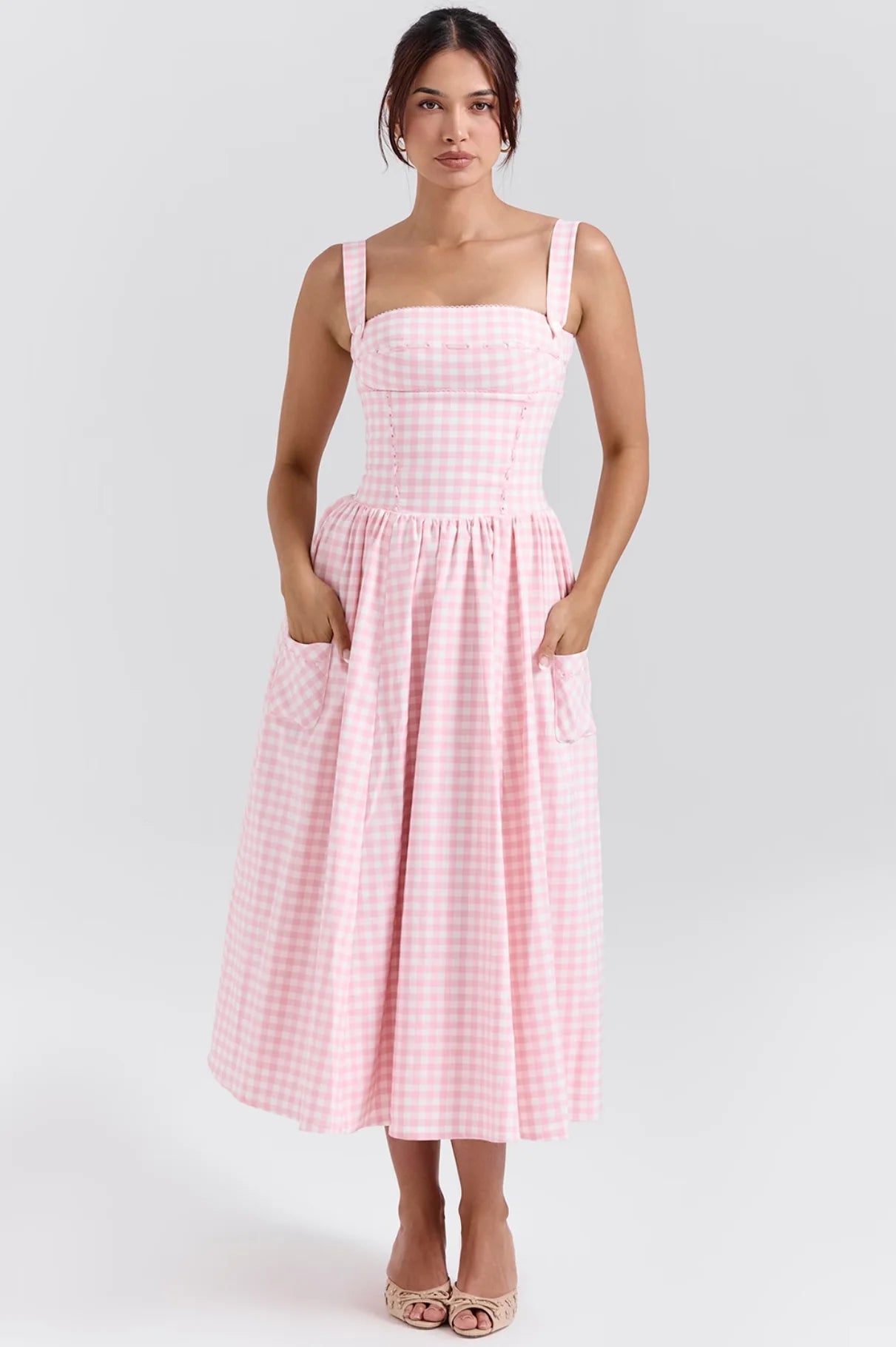 Pink Plaid Cocktail Dress with Buttoned Straps