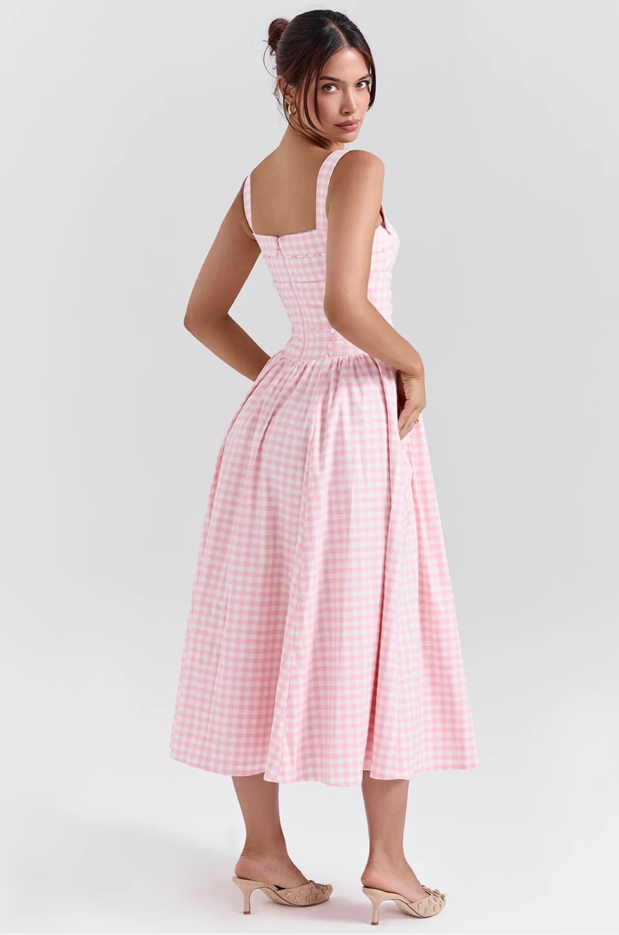 Pink Plaid Cocktail Dress with Buttoned Straps | Casual Dresses