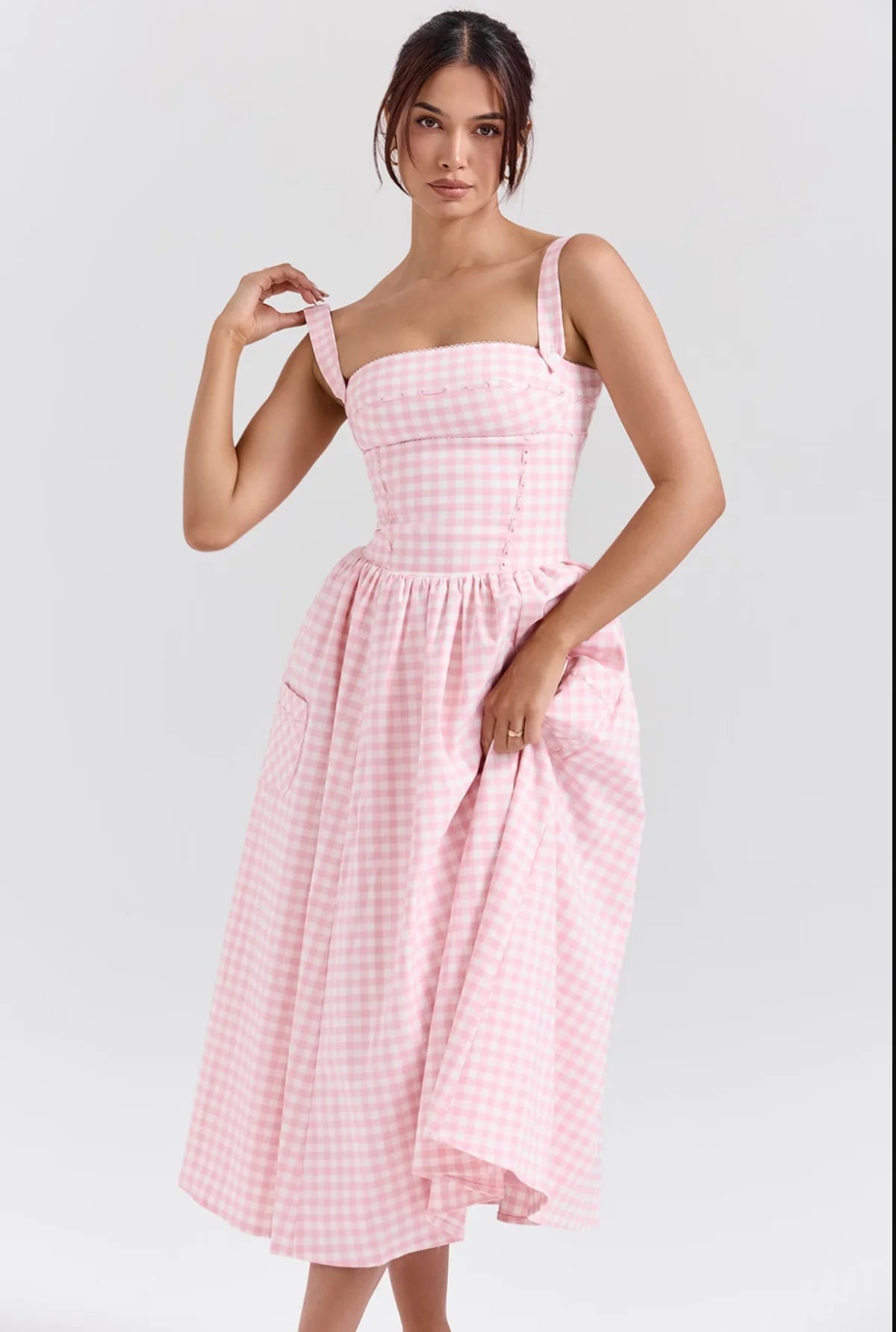 Pink Plaid Cocktail Dress with Buttoned Straps | Casual Dresses