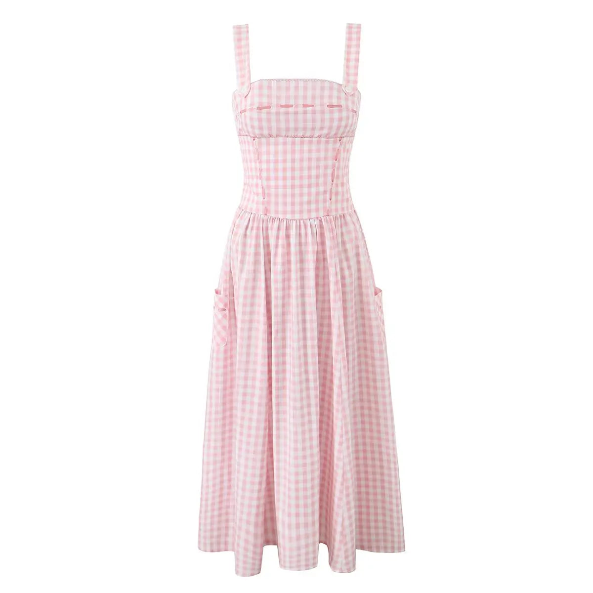 Pink Plaid Cocktail Dress with Buttoned Straps | Casual Dresses