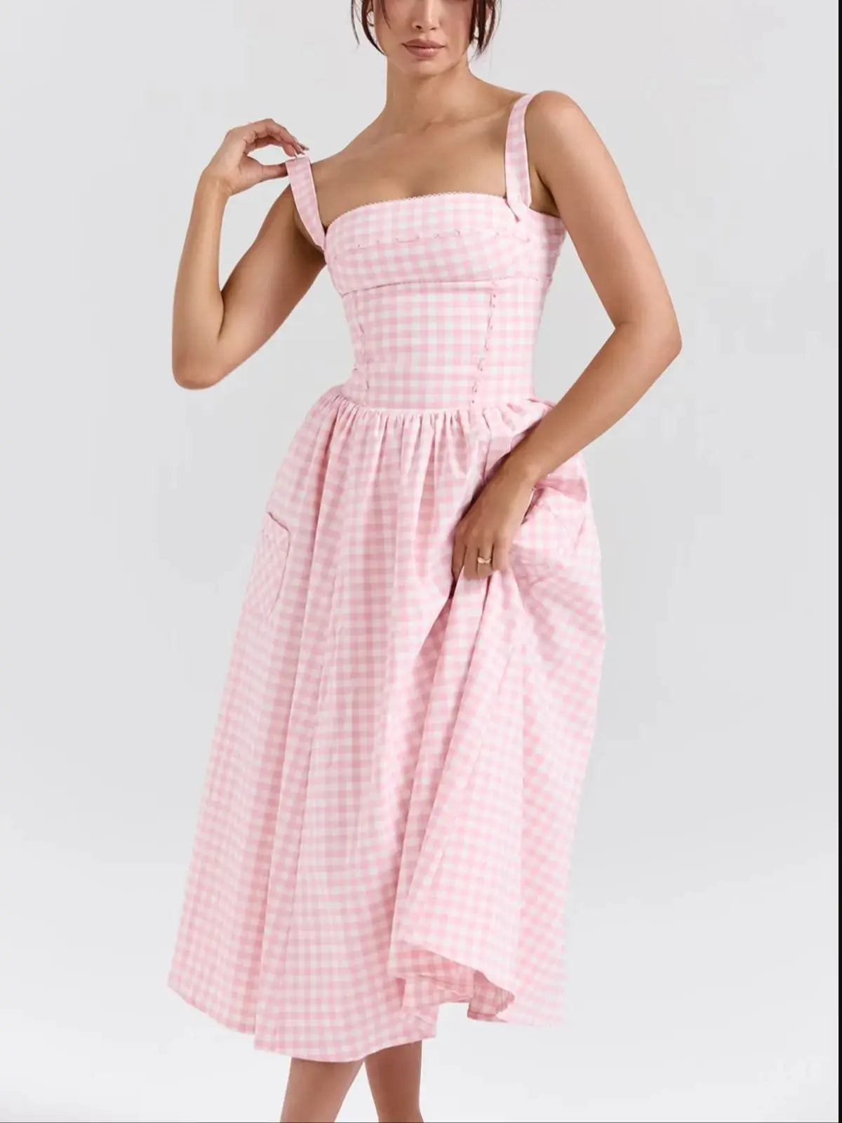 Pink Plaid Cocktail Dress with Buttoned Straps | Casual Dresses