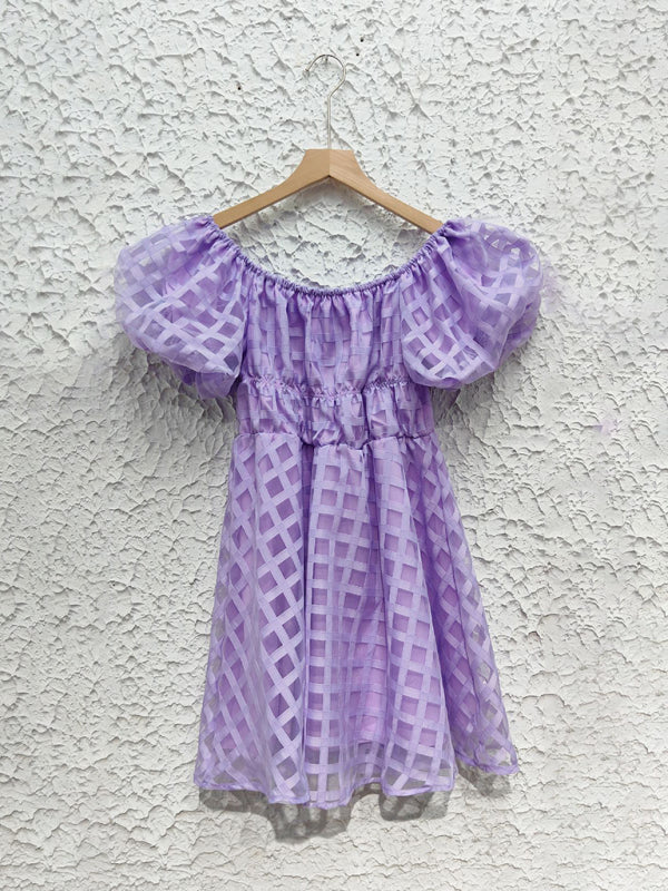 Lavender Grid-Texture Puff Sleeve Dress for Casual Days | Casual Dresses