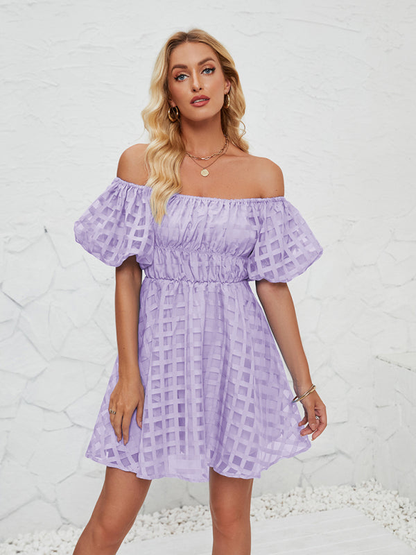 Lavender Grid-Texture Puff Sleeve Dress for Casual Days | Casual Dresses