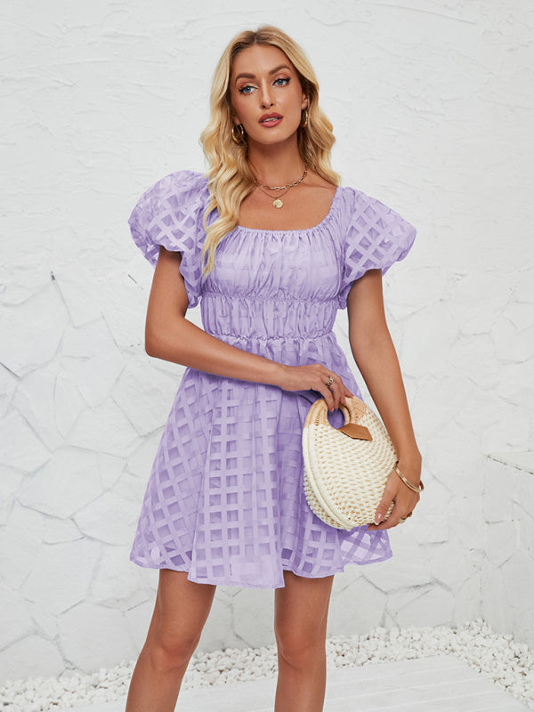 Lavender Grid-Texture Puff Sleeve Dress for Casual Days | Casual Dresses