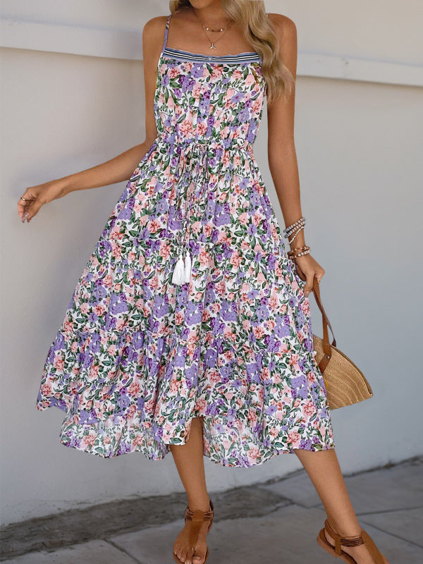 Casual Floral Midi Dress with Tiered Ruffles