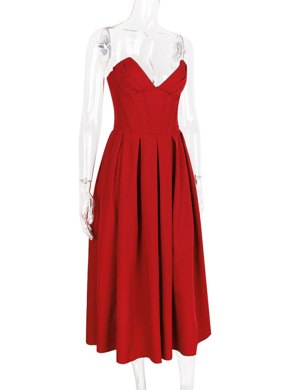 Classic Red Strapless Dress for Date Nights and Anniversaries | Tea-Length Dresses