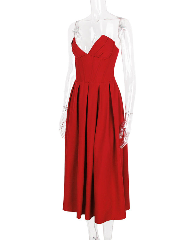 Classic Red Strapless Dress for Date Nights and Anniversaries | Tea-Length Dresses