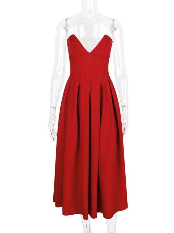 Classic Red Strapless Dress for Date Nights and Anniversaries | Tea-Length Dresses