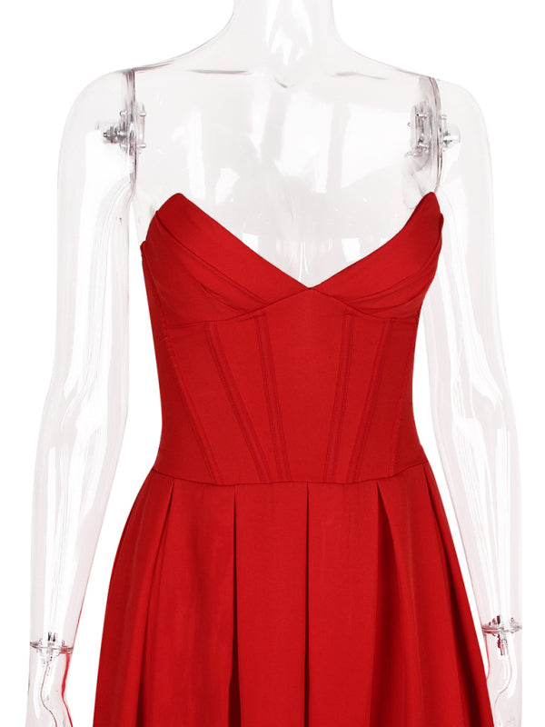 Classic Red Strapless Dress for Date Nights and Anniversaries | Tea-Length Dresses