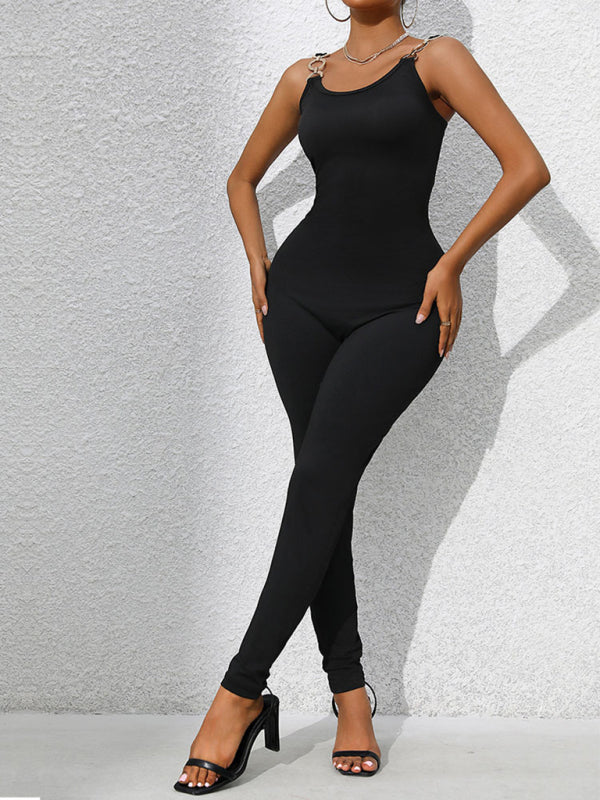 Black Jumpsuit with Chain Straps and Slim Fit | Jumpsuits