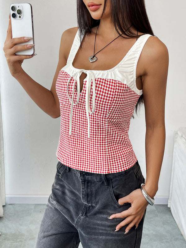 Red and White Plaid Top for Casual Wear | Sleeveless Tops