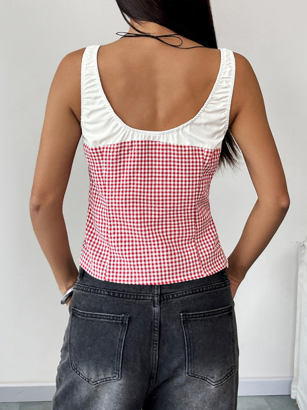 Red and White Plaid Top for Casual Wear | Sleeveless Tops