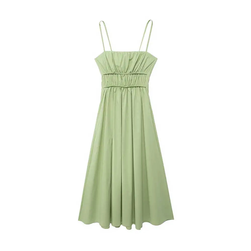 Lace-Up Back Green Midi Dress for Casual Wear | Knee Length Dresses