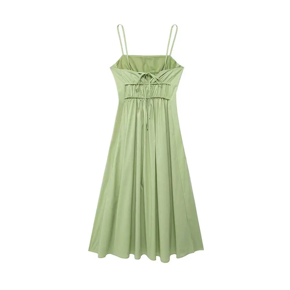 Lace-Up Back Green Midi Dress for Casual Wear | Knee Length Dresses