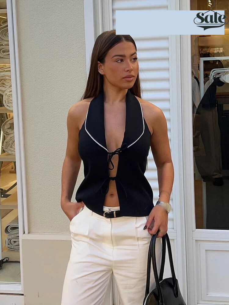 Business Casual Halter Top with Contrast Piping