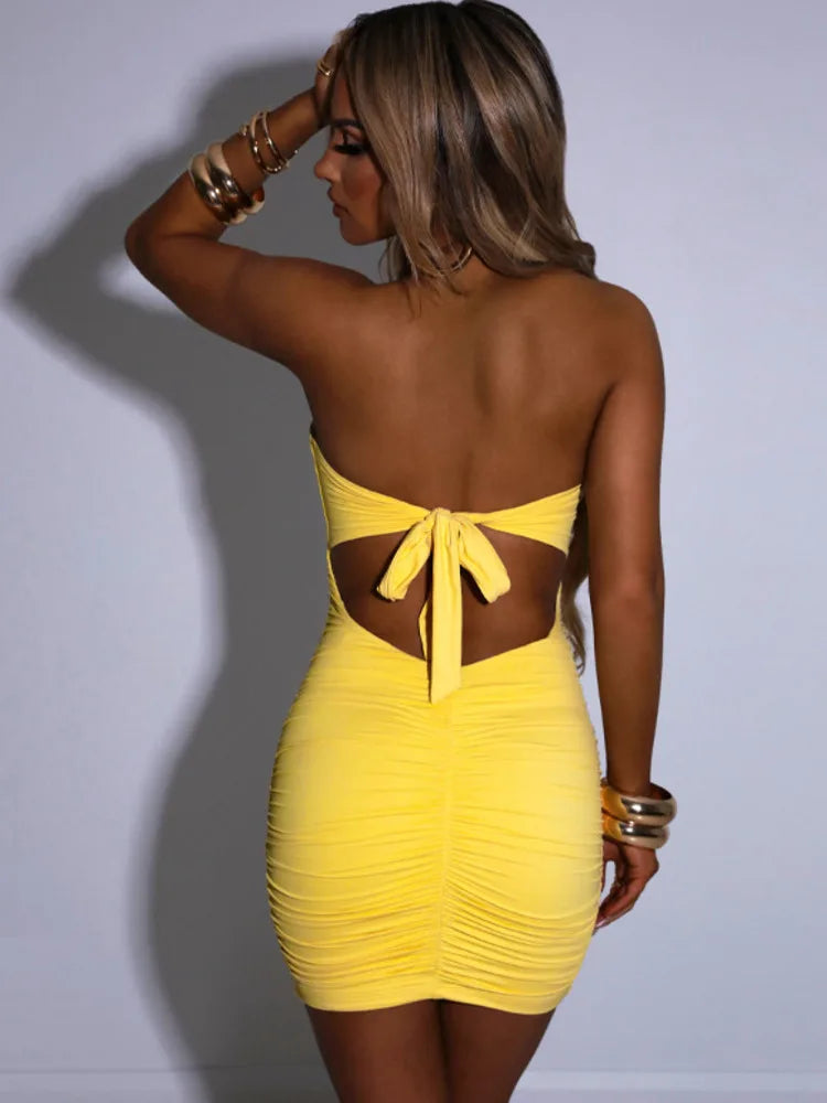 Ruched Yellow Club Dress with Keyhole Cutout | Mini Dresses