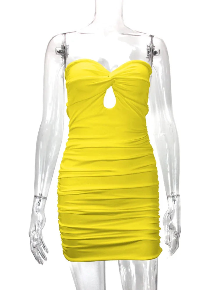 Ruched Yellow Club Dress with Keyhole Cutout | Mini Dresses