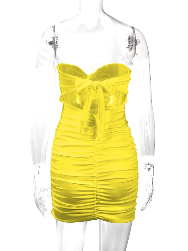 Ruched Yellow Club Dress with Keyhole Cutout | Mini Dresses