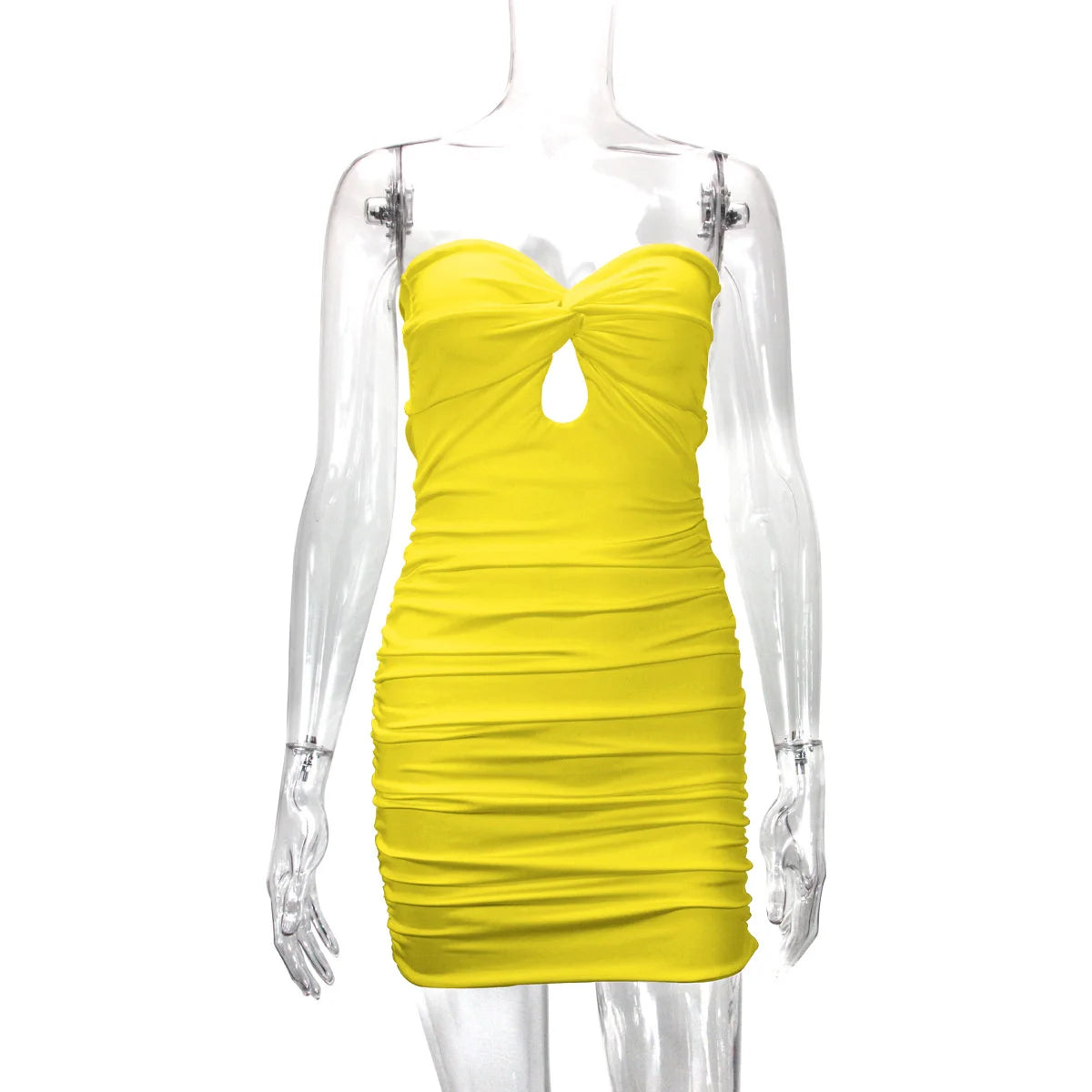 Ruched Yellow Club Dress with Keyhole Cutout | Mini Dresses