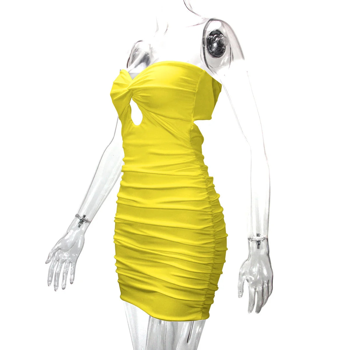 Ruched Yellow Club Dress with Keyhole Cutout | Mini Dresses